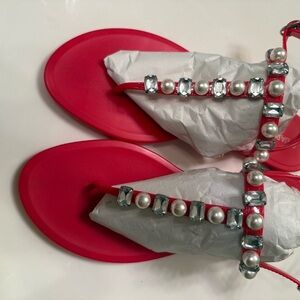 Stuart Weitzman Red Sandals with Gem Embellishments